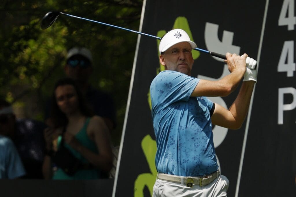 Jun 6, 2025; Gainesville, Virginia, USA; Ian Poulter of team Majesticks GC hits a tee shot on the third hole during the first round of the LIV Golf Virginia golf tournament at Robert Trent Jones Golf Club.
