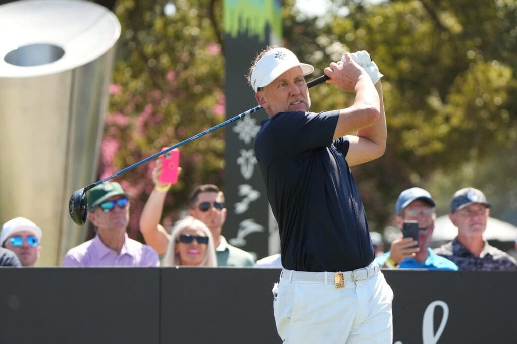 Ian Poulter plays his shot from the tenth tee during the LIV Golf Dallas Team Championship at Maridoe Golf Club.