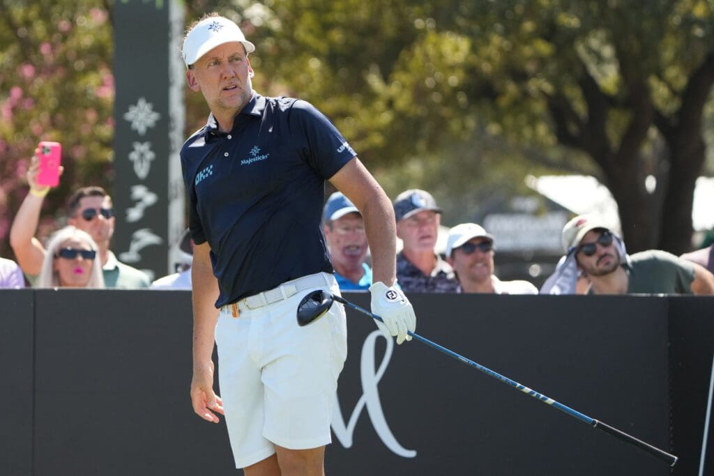 Ian Poulter watches his shot from the tenth tee during the LIV Golf Dallas Team Championship at Maridoe Golf Club.