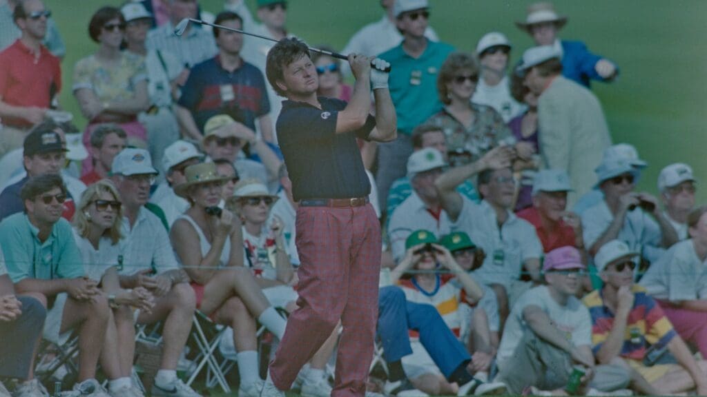 04/14/1991; Augusta, Georgia, USA; Ian Woosnam watches the ball in flight after his swing at Augusta National Golf Course during the 1991 Masters.