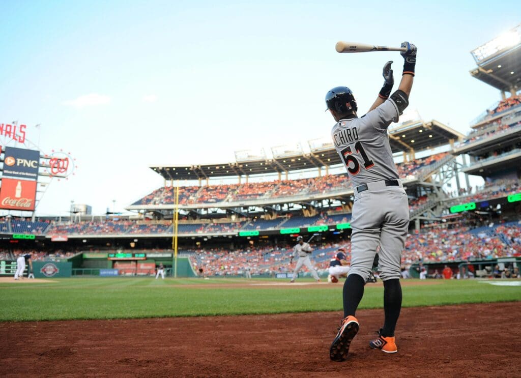 Aug 28, 2015; Washington, DC, USA; Miami Marlins right fielder Ichiro Suzuki (51) warms up before the first inning against the Washington Nationals at Nationals Park