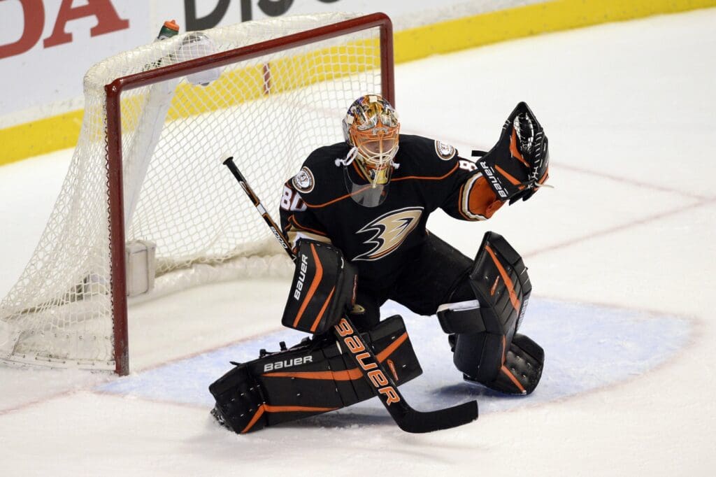 Jan 7, 2015; Anaheim, CA, USA; Anaheim Ducks goalie Ilya Bryzgalov (80) blocks a shot against the New York Rangers during the first period at Honda Center.