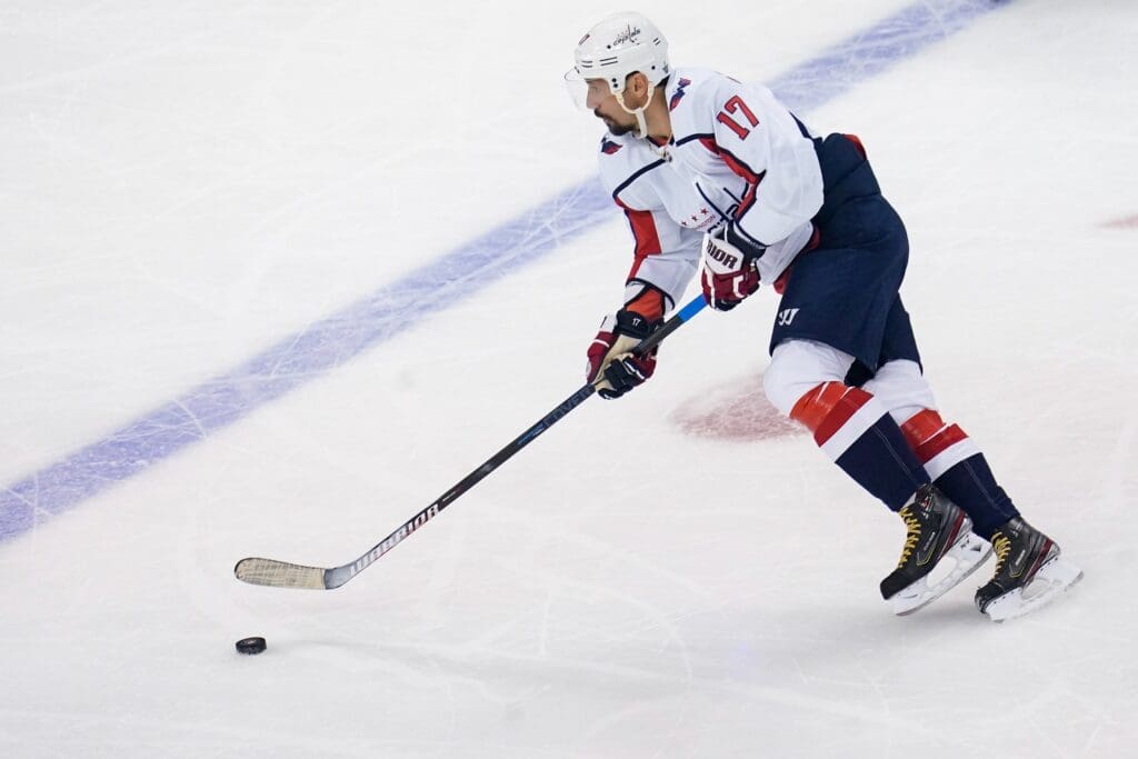 Aug 18, 2020; Toronto, Ontario, CAN; Washington Capitals left wing Ilya Kovalchuk (17) skates with the puck in the second period against the New York Islanders in game four of the first round of the 2010 Stanley Cup Playoffs at Scotiabank Arena.