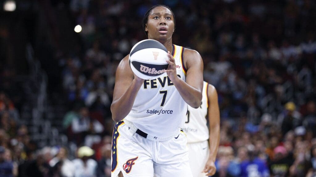 Jun 7, 2025; Chicago, Illinois, USA; Indiana Fever forward Aliyah Boston (7) shoots a free throw against the Chicago Sky during the first half of a WNBA game at United Center.