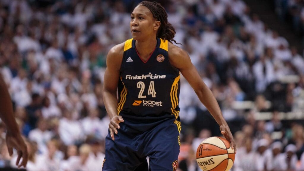 Oct 14, 2015; Minneapolis, MN, USA; Indiana Fever forward Tamika Catchings (24) dribbles in the second quarter against the Minnesota Lynx at Target Center.
