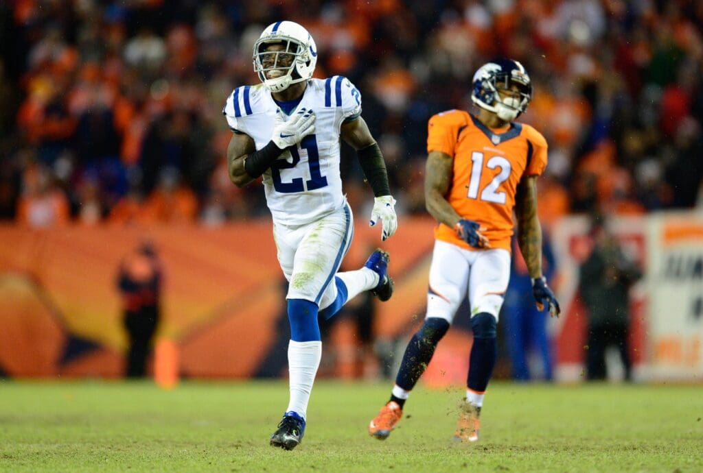 Jan 11, 2015; Denver, CO, USA; Indianapolis Colts cornerback Vontae Davis (21) reacts to a turnover of downs late in the fourth quarter of the 2014 AFC Divisional playoff football game against the Denver Broncos at Sports Authority Field at Mile High.