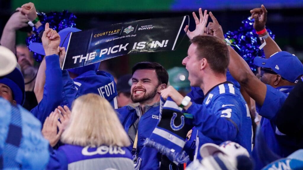 Indianapolis Colts fans celebrate after the team selects tight end Tyler Warren with the 14th pick during the first round of the 2025 NFL Draft on Thursday, April 24, 2025, at Lambeau Field in Green Bay, Wisconsin. The draft runs through April 26