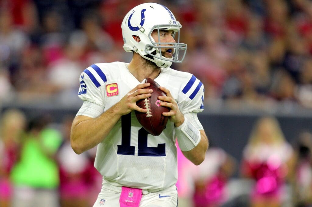 Oct 16, 2016; Houston, TX, USA; Indianapolis Colts quarterback Andrew Luck (12) looks to pass downfield against the Houston Texans during the fourth quarter at NRG Stadium.