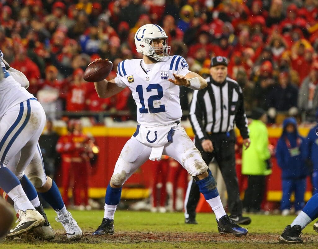 Jan 12, 2019; Kansas City, MO, USA; Indianapolis Colts quarterback Andrew Luck (12) throws a pass against the Kansas City Chiefs in an AFC Divisional playoff football game at Arrowhead Stadium.