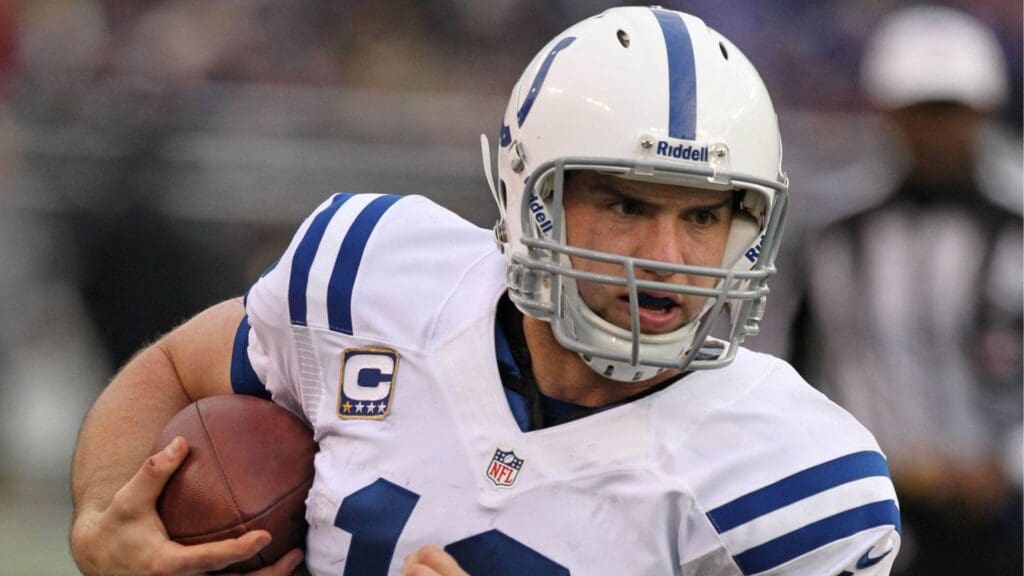 Jan 6, 2013; Baltimore, MD, USA; Indianapolis Colts quarterback Andrew Luck (12) scrambles against the Baltimore Ravens during the AFC Wild Card playoff game at M&T Bank Stadium.