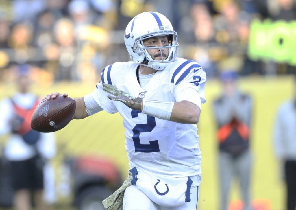 Nov 3, 2019; Pittsburgh, PA, USA; Indianapolis Colts quarterback Brian Hoyer (2) passes against the Pittsburgh Steelers during the fourth quarter at Heinz Field. Pittsburgh won 26-24