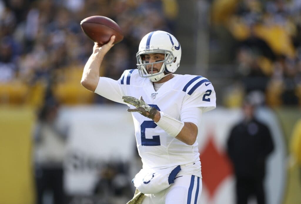 Nov 3, 2019; Pittsburgh, PA, USA; Indianapolis Colts quarterback Brian Hoyer (2) passes against the Pittsburgh Steelers during the second quarter at Heinz Field.