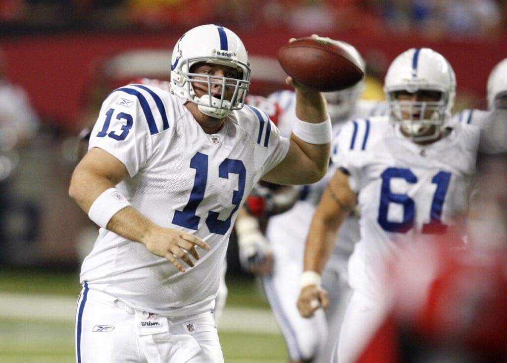 August 16, 2008; Atlanta, GA, USA; Indianapolis Colts quarterback Jared Lorenzen runs up field with the ball against the Atlanta Falcons in the second half at the Georgia Dome. The Colts defeated the Falcons 16 to 9.