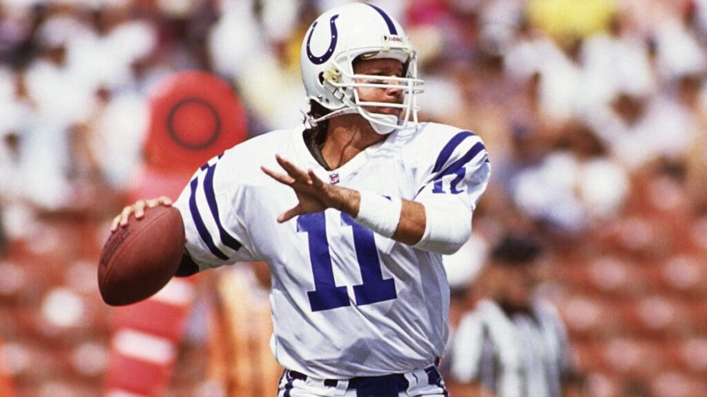 Sep 15, 1991; Los Angeles, CA, USA; FILE PHOTO; Indianapolis Colts quarterback Jeff George (11) in action against the Los Angeles Raiders at Los Angeles Memorial Coliseum.