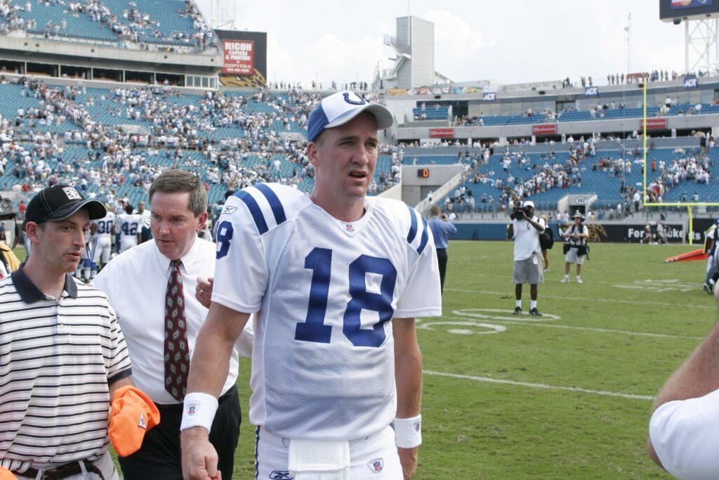 Oct 3, 2004; Jacksonville, FL, USA; Indianapolis Colts quarterback Peyton Manning in action against the Jacksonville Jaguars at Alltel Stadium. The Colts beat the Jaguars 24-17.