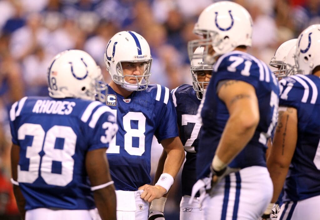 Sep 21, 2008; Indianapolis, IN, USA; Indianapolis Colts quarterback Peyton Manning (18) in the huddle against the Jacksonville Jaguars at Lucas Oil Stadium. The Jaguars beat the Colts 23-21.