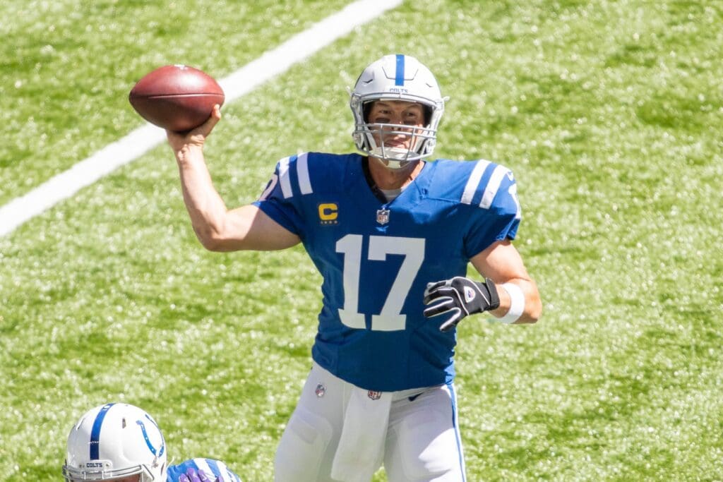 Sep 20, 2020; Indianapolis, Indiana, USA; Indianapolis Colts quarterback Philip Rivers (17) passes the ball in the first quarter against the Minnesota Vikings at Lucas Oil Stadium.