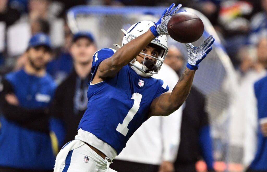 Jan 5, 2025; Indianapolis, Indiana, USA; Indianapolis Colts wide receiver Josh Downs (1) catches a pass during the second quarter against the Jacksonville Jaguars at Lucas Oil Stadium.