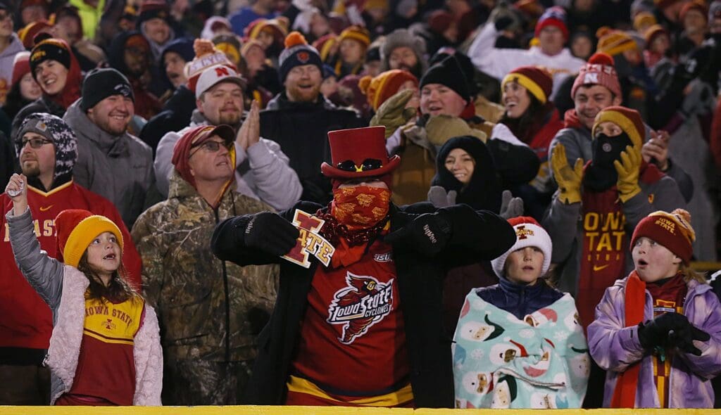 Iowa State fans cheer during the first quarter against Kansas State in the NCAA football at Jack Trice Stadium