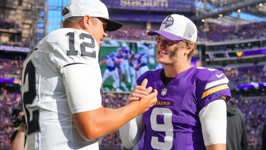 ug 10, 2024; Minneapolis, Minnesota, USA; Minnesota Vikings quarterback J.J. McCarthy (9) and Las Vegas Raiders quarterback Aidan O'Connell (12) talk after the game at U.S. Bank Stadium.