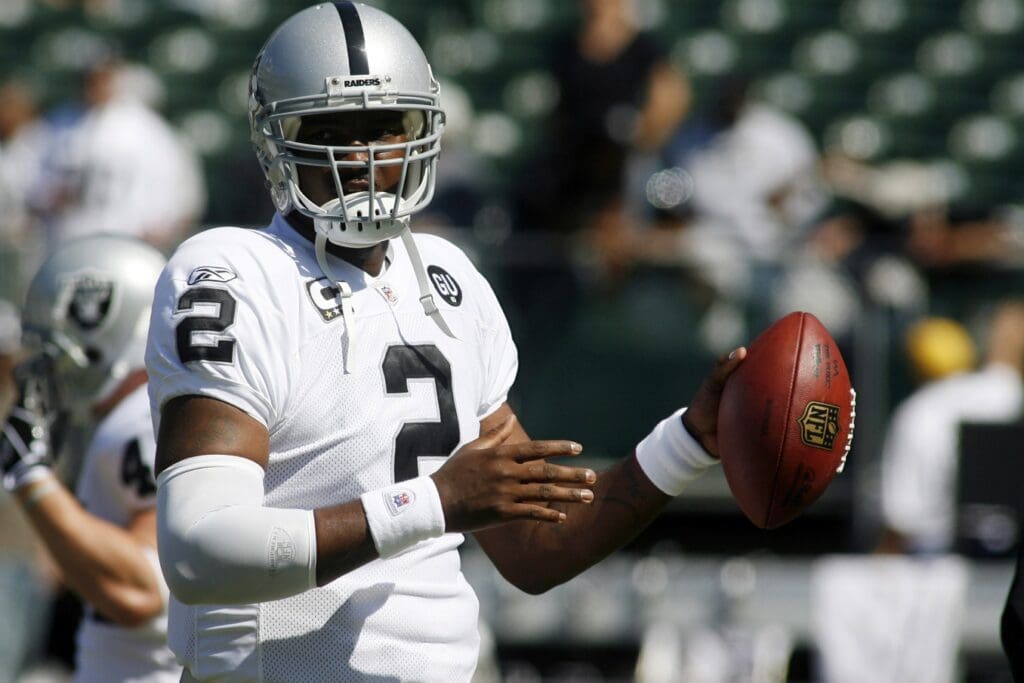 Sept 28, 2008; Oakland, CA, USA; Oakland Raiders quarterback JaMarcus Russell (2) warms up before the start of the game against the San Diego Chargers at McAfee Coliseum.
