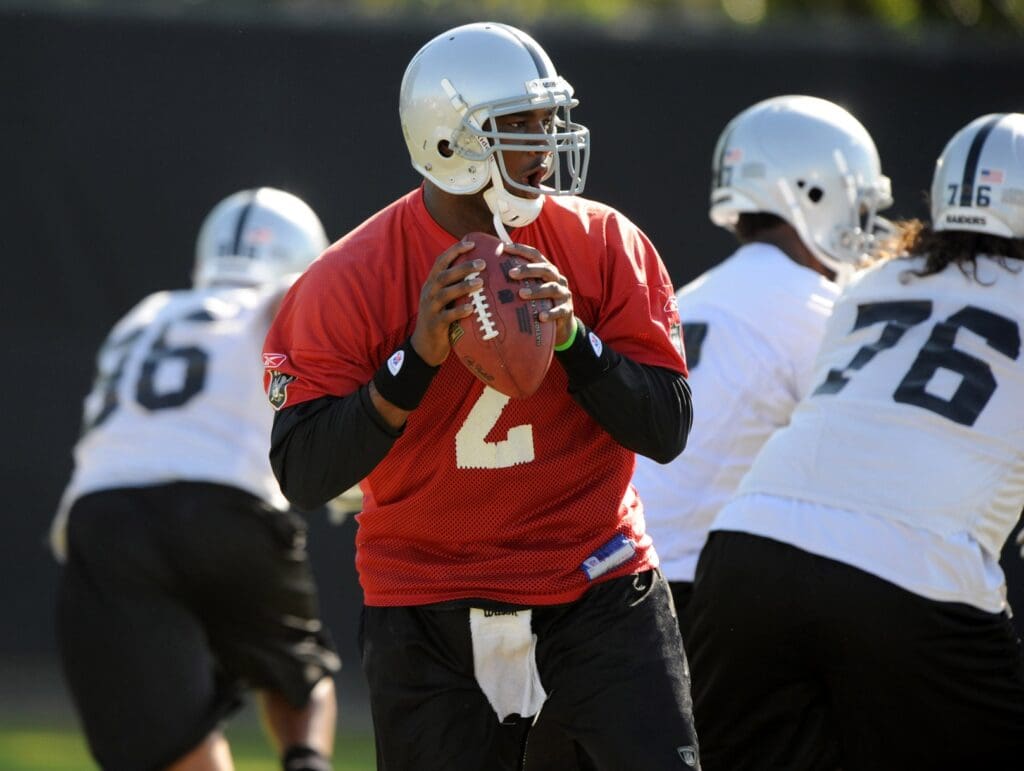 Jun 4. 2008; Alameda, CA, USA; Oakland Raiders quarterback JaMarcus Russell (2) drops back to pass during minicamp at the Raiders practice facility.