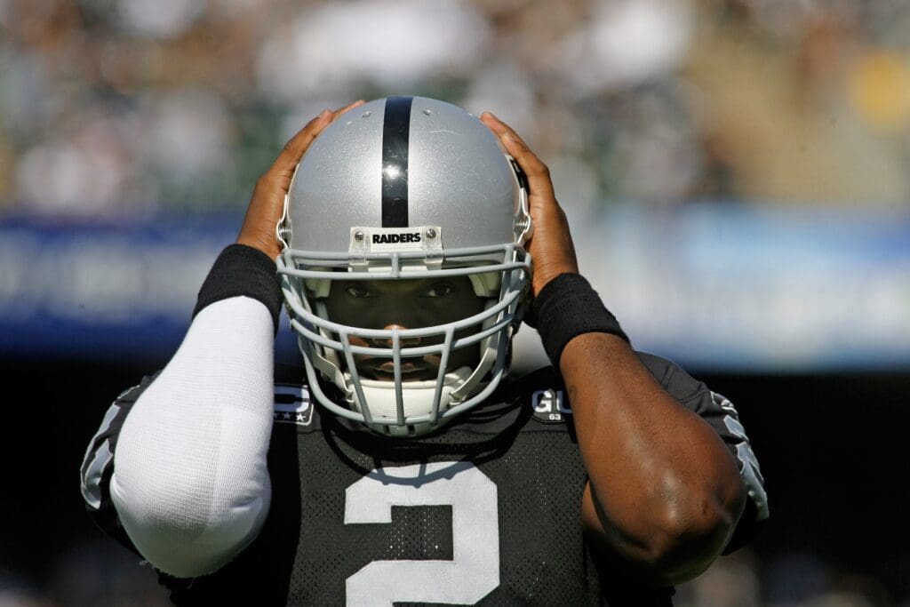 Oct. 19, 2008; Oakland, CA, USA; Oakland Raiders quarterback JaMarcus Russell (2) prepares to take the field against the New York Jets in the first quarter at Oakland-Alameda County Coliseum in Oakland, CA. The Raiders defeated the Jets 16-13.