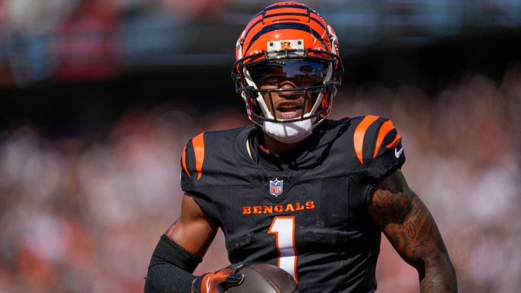 Cincinnati Bengals wide receiver Ja'Marr Chase (1) runs in a touchdown reception late in the second quarter of the NFL Week 5 game between the Cincinnati Bengals and Baltimore Ravens at Paycor Stadium in downtown Cincinnati on Sunday, Oct. 6, 2024. The Bengals led 17-14 at halftime.