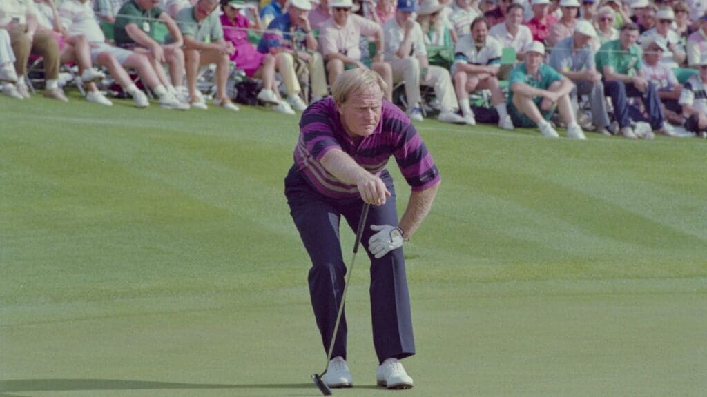 04/12/1992; Augusta, Georgia, USA; Jack Nicklaus lines up putt at the Augusta National Golf Course during the 1992 Masters.