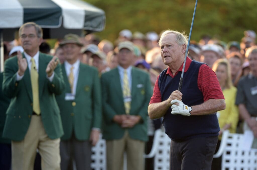 Apr 9, 2015; Augusta, GA, USA; Honorary starter Jack Nicklaus hits his ceremonial tee shot on the first tee during the first round of The Masters at Augusta National Golf Club.