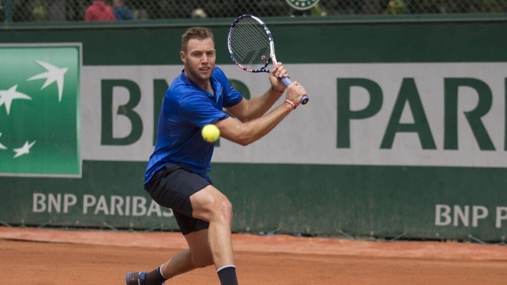 May 25, 2016; Paris, France; Jack Sock (USA) in action during his match against Dustin Brown (GER) on day four of the 2016 French Open.