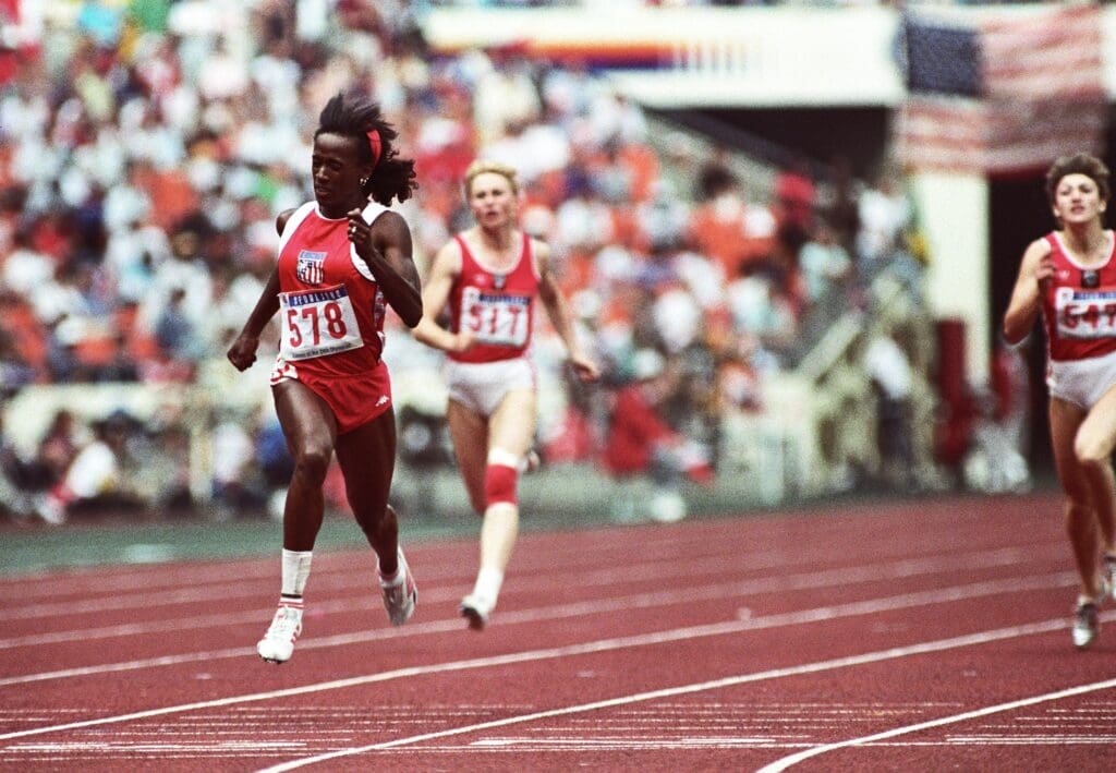 Sep 23, 1988; Seoul, SOUTH KOREA; FILE PHOTO; Jackie Joyner-Kersee (USA) runs the 200m in the women's heptathlon during the 1988 Seoul Olympic Games at Seoul Olympic Stadium.