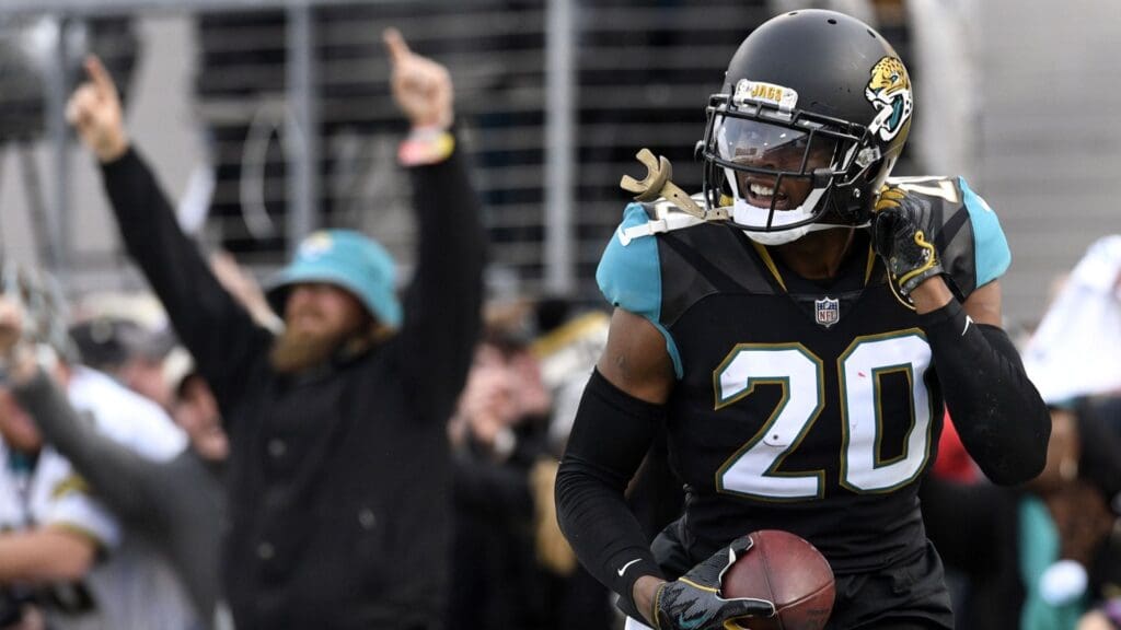 Jan 7, 2018; Jacksonville, FL, USA; Jacksonville Jaguars cornerback Jalen Ramsey (20) reacts after an interception during the fourth quarter against the Buffalo Bills in the AFC Wild Card playoff football game at EverBank Field.