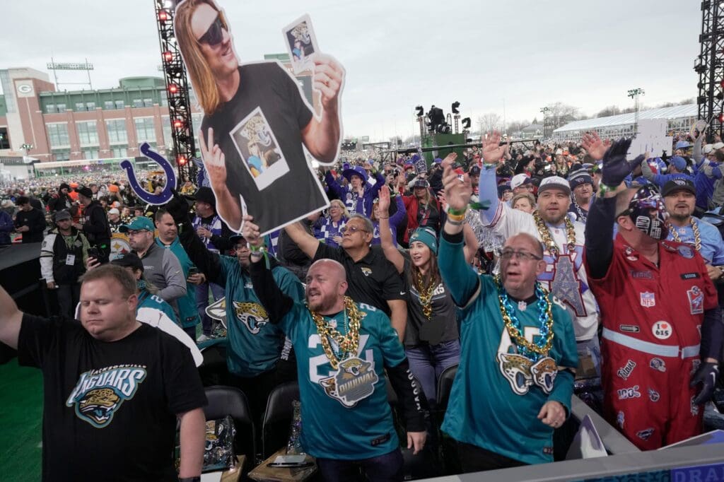 Jacksonville Jaguars fans are shown before the start of the first round of the NFL Draft Thursday, April 24, 2025 in Green Bay, Wisconsin. It is the first time the draft will be held in Green Bay, the smallest market in the National Football League.
