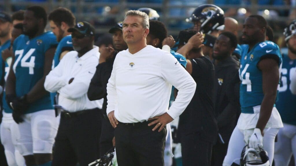 As time almost expires, Jacksonville Jaguars head coach Urban Meyer looks on to the clock during the fourth quarter at TIAA Bank Field Sunday, Nov. 21, 2021 in Jacksonville. The Jacksonville Jaguars hosted the San Francisco 49ers during a regular season NFL game. The 49ers defeated the Jaguars 30-10