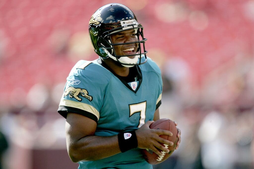 Oct 1, 2006; Landover, MD, USA; Jacksonville Jaguars quarterback (7) Byron Leftwich smiles during pre-game warmups before the start of the game against the Washington Redskins at FedEx Field in Landover, MD.