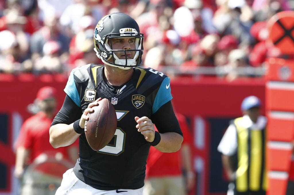 Oct 11, 2015; Tampa, FL, USA; Jacksonville Jaguars quarterback Blake Bortles (5) drops to throw a pass during the second quarter of an NFL football game against the Tampa Bay Buccaneers at Raymond James Stadium.