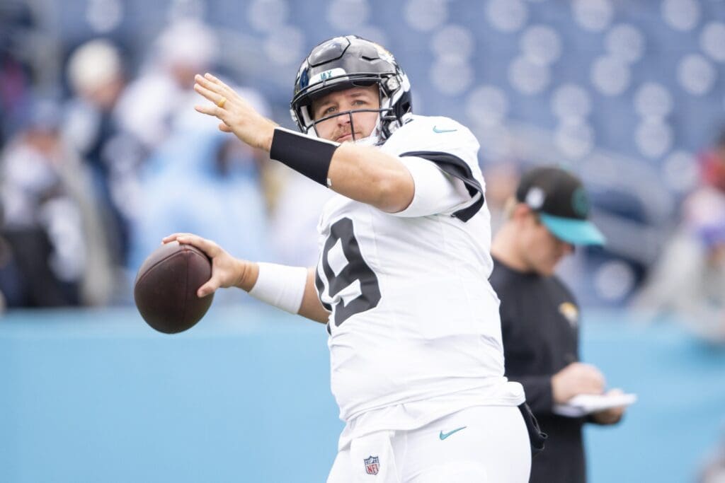 Jan 7, 2024; Nashville, Tennessee, USA; Jacksonville Jaguars quarterback Matt Barkley (19) throws during pre-game warmups against the Tennessee Titans at Nissan Stadium.