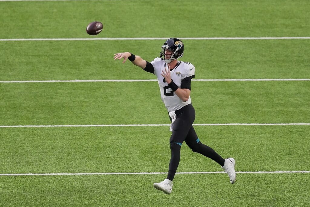Dec 6, 2020; Minneapolis, Minnesota, USA; Jacksonville Jaguars quarterback Mike Glennon (2) passes in the first quarter against the Minnesota Vikings at U.S. Bank Stadium.