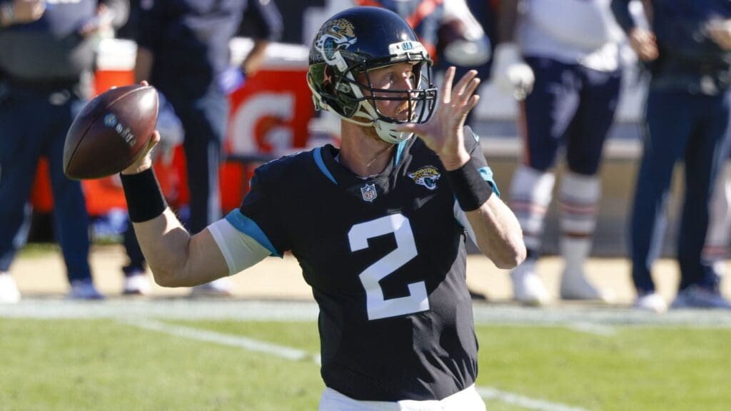 Dec 27, 2020; Jacksonville, Florida, USA; Jacksonville Jaguars quarterback Mike Glennon (2) throws a pass against the Chicago Bears during the first quarter at TIAA Bank Field.
