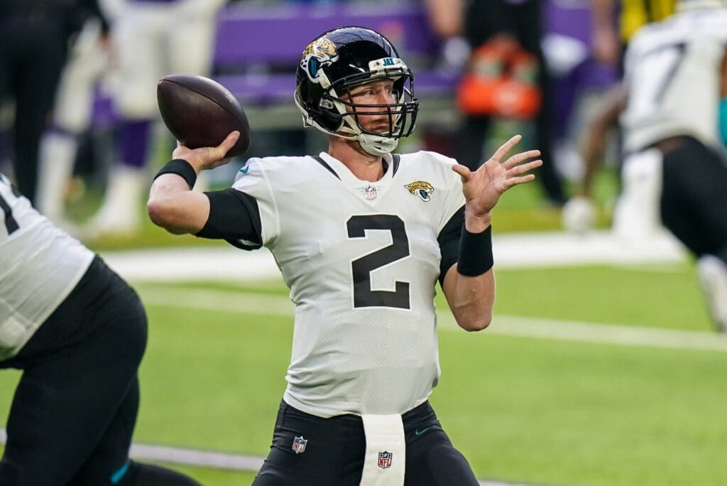 Dec 6, 2020; Minneapolis, Minnesota, USA; Jacksonville Jaguars quarterback Mike Glennon (2) throws during the third quarter against the Minnesota Vikings at U.S. Bank Stadium.