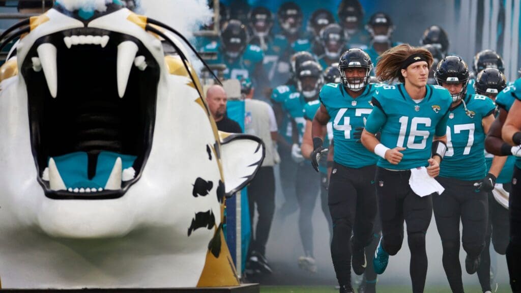 Jacksonville Jaguars quarterback Trevor Lawrence #16 runs out with his team before the game of a preseason NFL game Friday, Aug. 12, 2022 at TIAA Bank Field in Jacksonville. The Cleveland Browns defeated the Jacksonville Jaguars 24-13. [Corey Perrine/Florida Times-Union] Jacksonville Jaguars 2022 Cleveland Browns First Home Pre Season Scrimmage Second Scrimmage Preseason