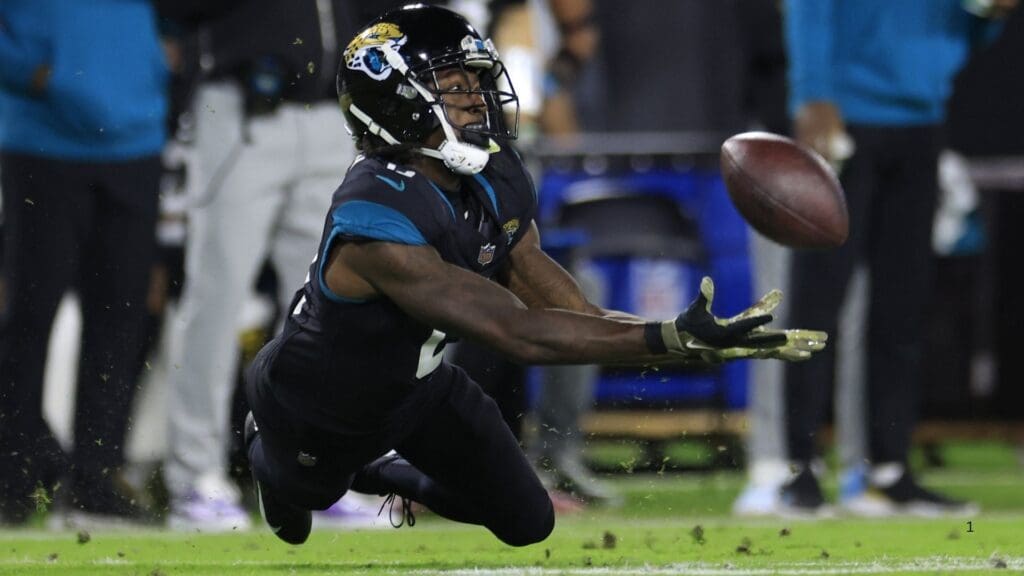 Jacksonville Jaguars wide receiver Calvin Ridley (0) can t haul in a reception during the second quarter of a regular season NFL football matchup Monday, Dec. 4, 2023 at EverBank Stadium in Jacksonville, Fla.