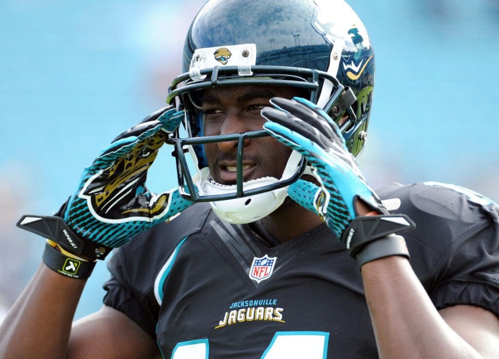 Dec 23, 2012; Jacksonville, FL, USA; Jacksonville Jaguars wide receiver Justin Blackmon (14) warms up before the start of the game against the New England Patriots at EverBank Field.