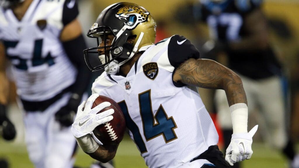 Aug 24, 2017; Jacksonville, FL, USA; Jacksonville Jaguars wide receiver Justin Blackmon (14) runs for a first down during the second half of an NFL football game against the Carolina Panthers at EverBank Field.