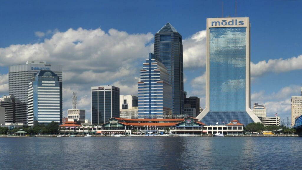 Panorama of the Jacksonville city skyline from across the St. Johns river in Jacksonville, Florida, USA. Jacksonville is the largest city in land area in the United States