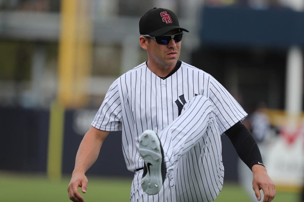Feb 23, 2018; Tampa, FL, USA; New York Yankees center fielder Jacoby Ellsbury (22) stretches at George M. Steinbrenner Field.