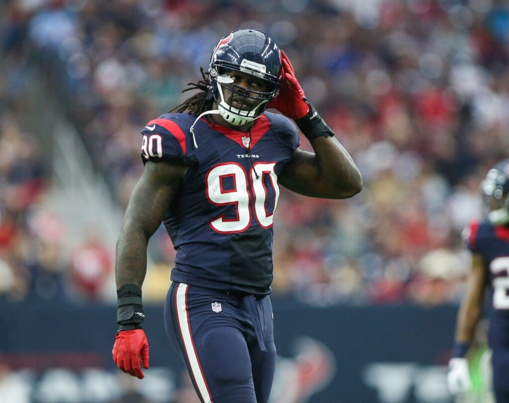 Nov 1, 2015; Houston, TX, USA; Houston Texans outside linebacker Jadeveon Clowney (90) walks off the field during the game against the Tennessee Titans at NRG Stadium.