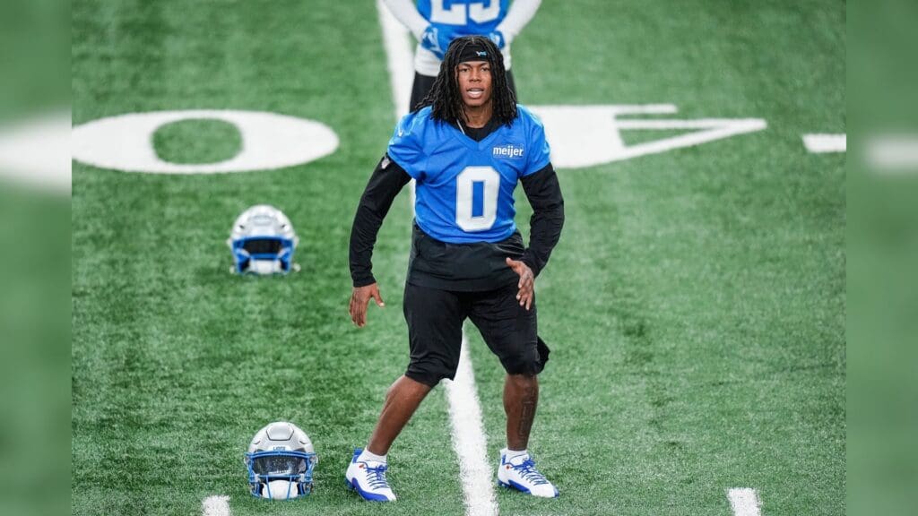 Detroit Lions running back Jahmyr Gibbs (0) practices during OTA at Meijer Performance Center in Allen Park on Thursday, June 5, 2025.