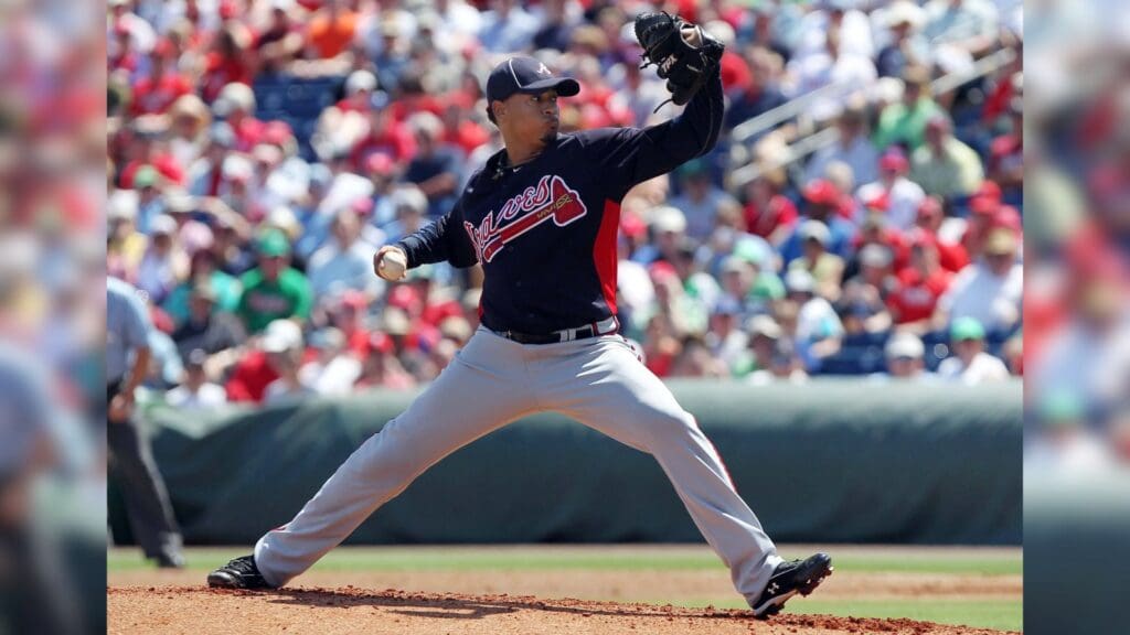 March 15, 2012; Clearwater, FL, USA; Atlanta Braves starting pitcher Jair Jurrjens (49) throws a pitch in the first inning against the Philadelphia Phillies at Bright House Networks Field.